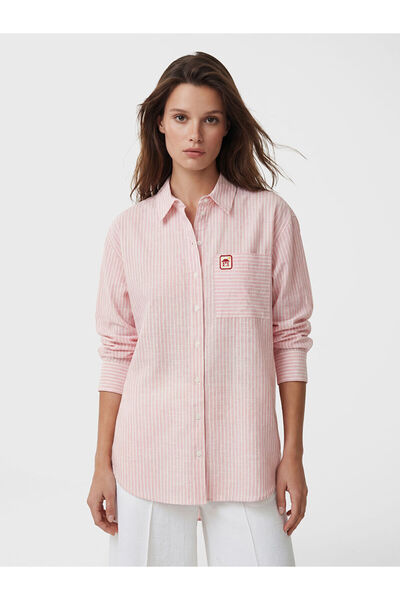 LC Waikiki Lcw Modest Pink Striped Oversize Poplin Women's Shirt Tunic with N...