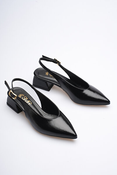 VİP SMR MODA Μαύρα τσαλακωμένα δερμάτινα παπούτσια με τακούνι 3 εκ.