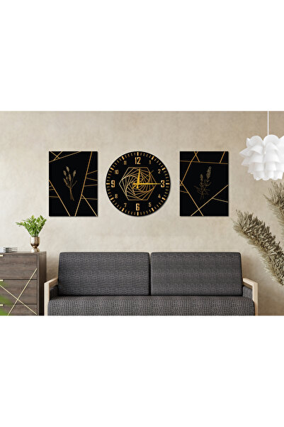 M&H Quality 3’lü Dekoratif Duvar Tablo ve Saat Seti – Siyah Gold Modern Geome...