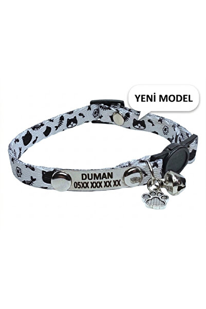 Ayz Markalama Gümüş künyeli isimli kedi tasması, güvenlik kilitli tasma, isim...
