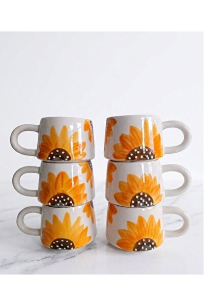 İNA PAZARLAMA 6-Piece Sunflower Patterned Ceramic Mug Set