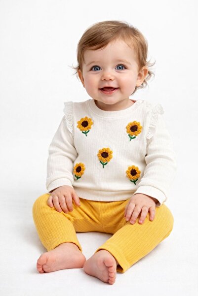 MixMax Bebe Kız Bebek Ayçiçeği Uzun Kollu Alt Üst Bebek Takımı %100 Pamuklu