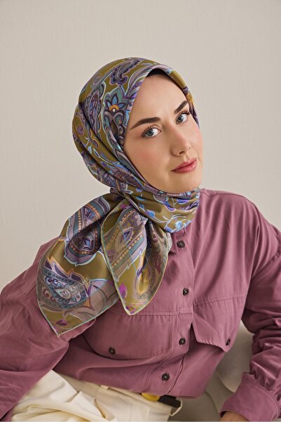 Silk Home Eșarfă din mătase twill cu model migdale, verde ulei, 90x90