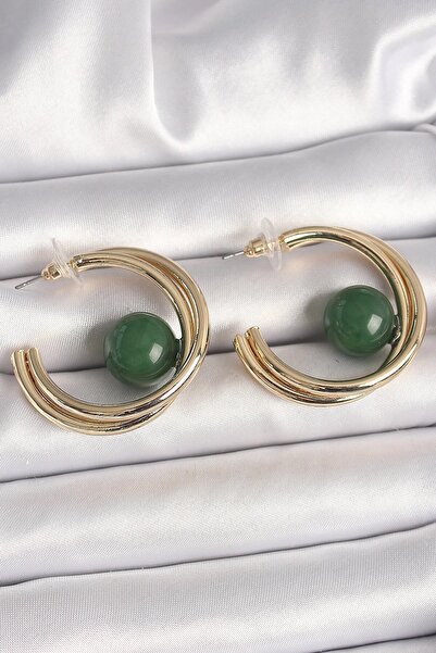 Leyaton Brass Gold Color Hoop Model Green Bead Detail Women's Earrings