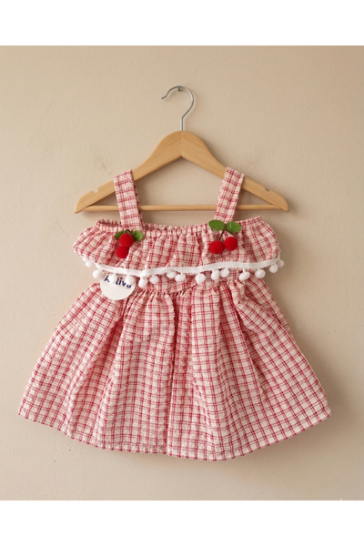 Asliva fashion Kız Çocuk Bej & Kırmızı Pötikare Kiraz Detaylı Ponponlu Yazlık...