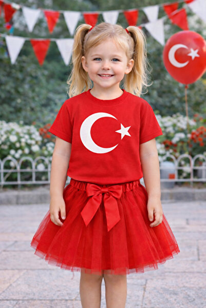 ues Κοριτσίστικο κόκκινο κοντομάνικο μπλουζάκι με τουρκική σημαία και φούστα ...