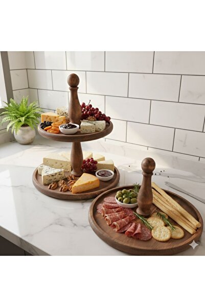 Rabo Craft 2 Katlı Ve Tek katlı Büyük Boy Ahşap Kulplu Kek Pasta Sunumluk Sta...