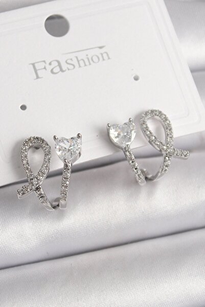 TakÇalıştır Brass Silver Color Knot Model Zircon Stone Heart Detail Women's E...