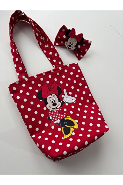 Minnie Mouse Tasarım Puantiyeli Çanta ve Toka Seti