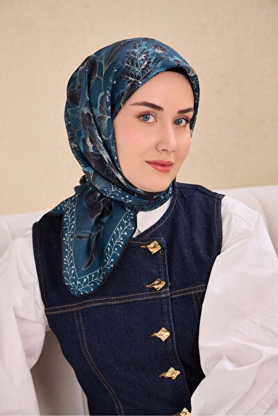 Silk Home Eșarfă din mătase twill, cu flori mari, albastru petrol, 90x90