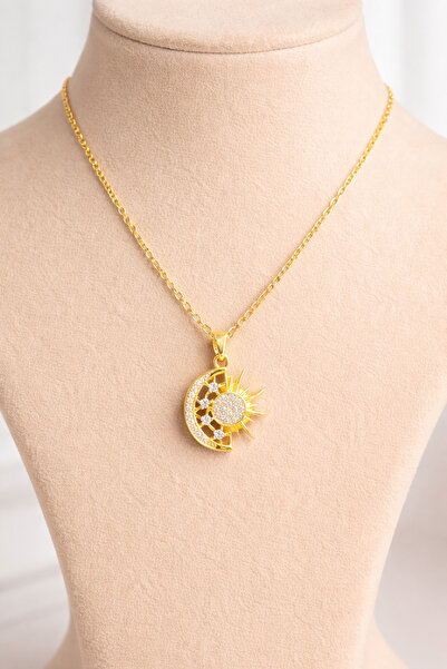 LuneraDesign Women's Steel Necklace with Zircon Stone and Moon and Sun Figure...