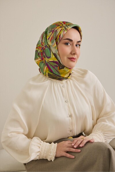 Silk Home Eșarfă din mătase twill cu model floral verde închis 90x90