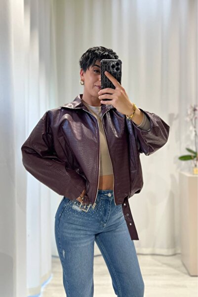 Tamor Butik Croco Bordo Oversize Suni Deri Ceket
