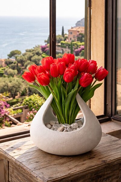 Dropcek eticaret Modern Dekoratif Vazo – Beyaz Taş Detaylı Minimal vazo Masa ...