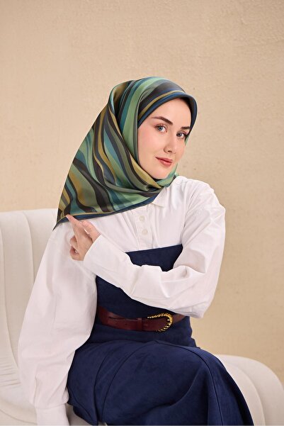 Silk Home Twill İpek Eşarp Kıvrımlı Şerit Gece Mavi Yeşil90x90