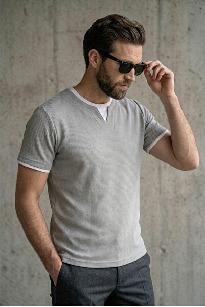 Oksit Ανδρικό μπλουζάκι Prey Vaffle με υφή βάφλας, διπλό γιακά και στενή εφαρ...