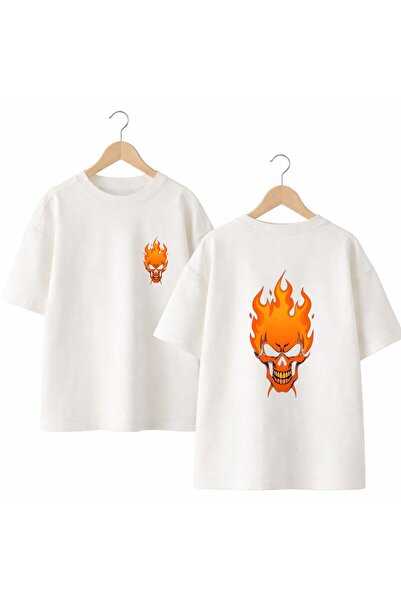 playwear Tricou cu gât rotund, cu imprimeu Flame Skull pe spate și piept, 100...