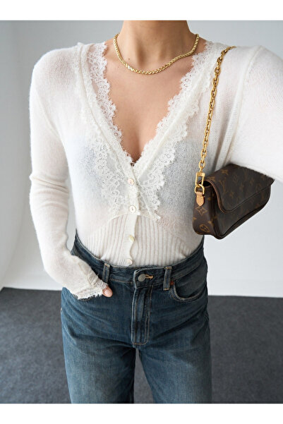 Qualia Butik Women's V-Neck Cardigan with Lace Sleeves and Collar