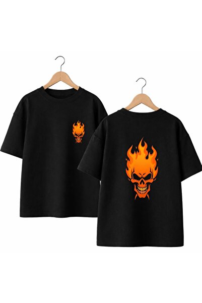 playwear Tricou cu gât rotund, cu imprimeu Flame Skull pe spate și piept, 100...