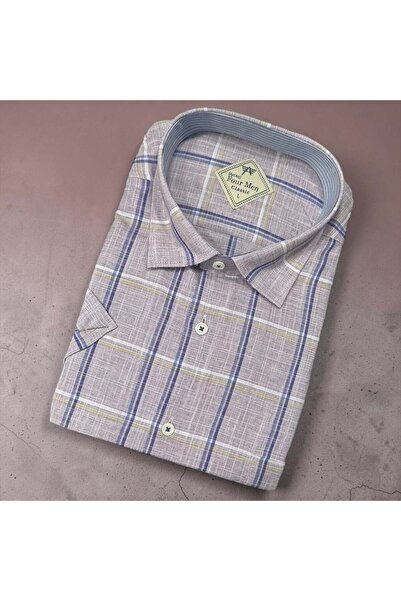 EREN STYLE Λινό κλασικό πουκάμισο από 100% βαμβάκι με κοντά μανίκια και αντιι...