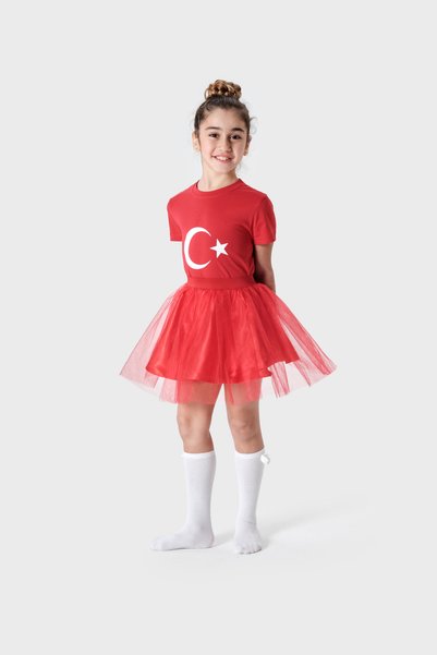 Tülü Akkoç Girl's April 23Rd Costume - Red Moon Star T-Shirt and Red Tutu Skirt Set