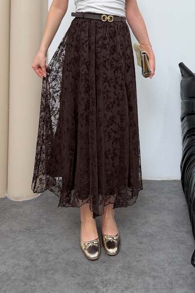 MyLoore Γυναικεία καφέ φούστα από τούλι με επένδυση και ελαστική ζώνη στη μέσ...