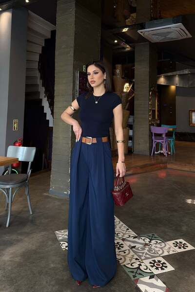 MyLoore Γυναικείο παντελόνι Palazzo από ύφασμα πολυβισκόν σε μπλε ναυτικό χρώ...