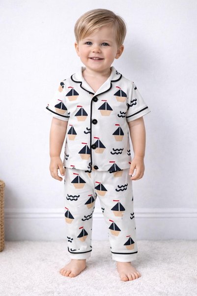 derin baby 100% Cotton Short Sleeve Buttoned Summer Girls Boys Sailing Patterned Baby Kids Pajama Set
