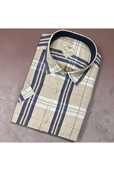 EREN STYLE Λινό κλασικό πουκάμισο από 100% βαμβάκι με κοντά μανίκια και αντιι...