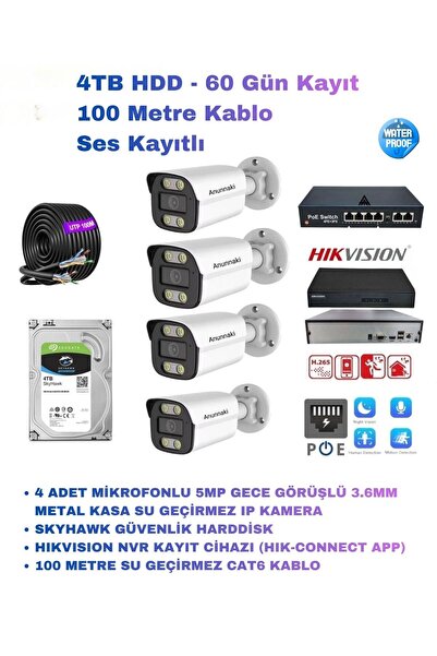 Anunnaki 4'lü 5MP Sesli Dış Mekan IP Kamera Seti – POE Switch NVR – Harddisk ...