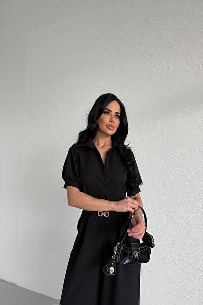LİLA İSTANBUL Gömlek Yaka Önü Düğmeli Tulum Kemerli Elbise