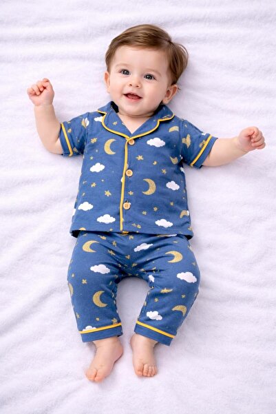 derin baby طقم بيجامة أطفال صيفي بأكمام قصيرة وأزرار من القطن بنسبة 100%، مزي...