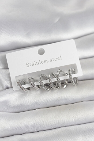 shopwave 316L Steel Silver Color Zircon Stone Hoop Model Women's Earring Set