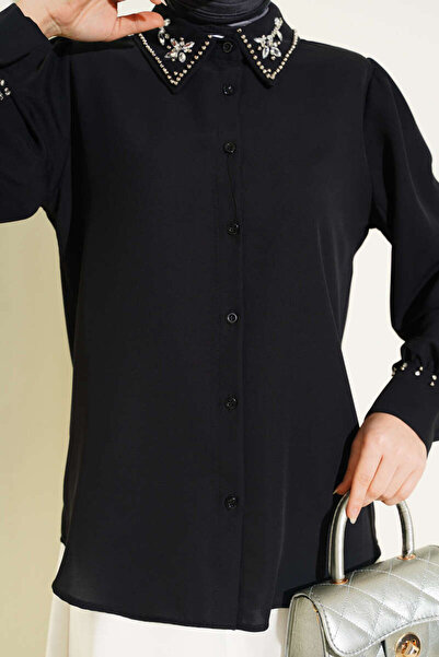 Lavanta Tekstil Shirt with Stones on Collar and Sleeve Cuffs