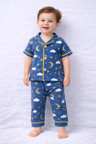 derin baby 100% Cotton Short Sleeve Buttoned Summer Red Crescent Star Cloud Patterned Baby Pajama Set