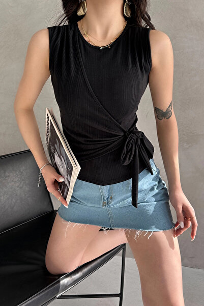 loia Γυναικεία μαύρη μπλούζα με διπλό δέσιμο μπροστά, κομψή, καθημερινή, καλο...