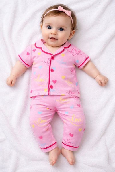 derin baby 100% Cotton Short Sleeve Buttoned Summer Tiny Colorful Heart Love Patterned Unisex Baby Kids Pajama Set