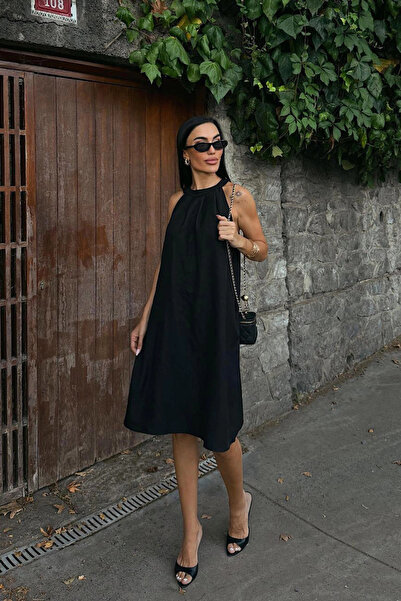 loia Γυναικείο μαύρο καλοκαιρινό λινό υφαντό κομψό φόρεμα με κρυφές τσέπες L2...