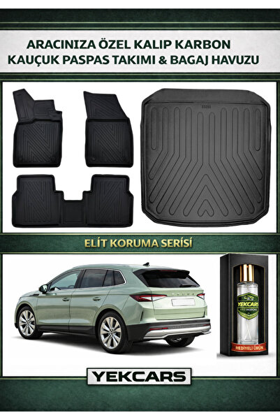 YEKCARS SKODA ELROQ 2026 MODEL KARBONLU KAUÇUK PASPAS SETİ VE BAGAJ HAVUZU