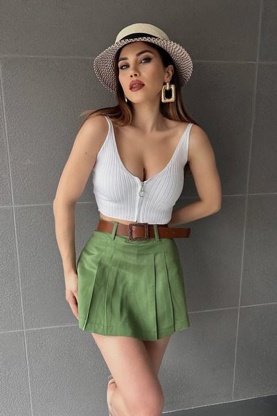 loia Γυναικεία ανοιχτόχρωμη χακί φούστα με πιέτες, με ζώνη, κομψή, καθημερινή...