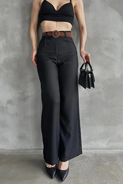 loia Γυναικείο μαύρο λινό παντελόνι με ζώνη στη μέση, κομψό, καθημερινό, καλο...