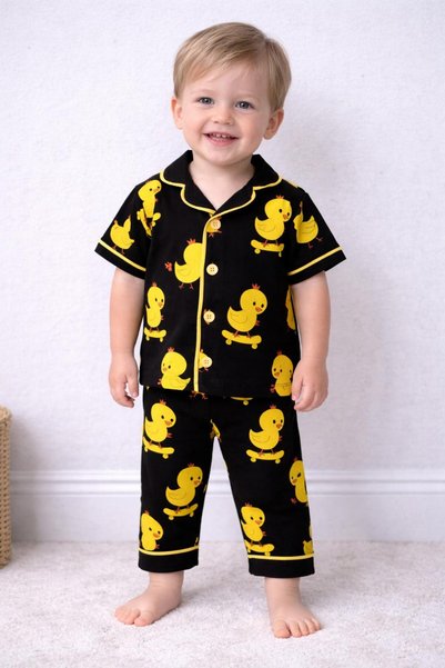 derin baby 100% Cotton Short Sleeve Buttoned Summer Girl Boy Sweet Yellow Duck Pattern Baby Pajama Set