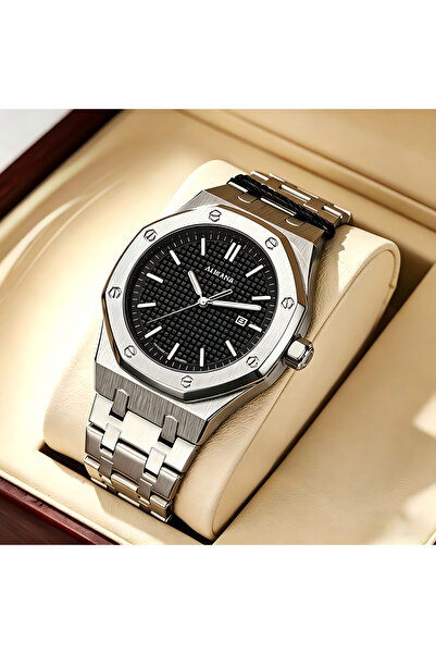 AIMANA Black Textured Dial Popular Wristwatch Royal Oak Style Date Display ff...