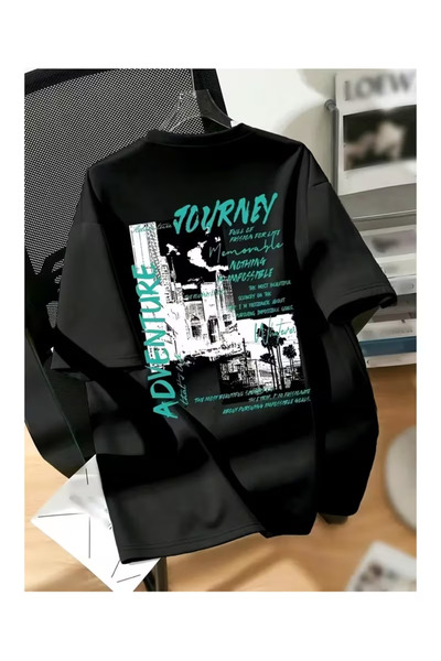 LAND MODA Unisex Women'S/Men's Black Oversize Tshirt-Advanture Printed Crew Neck