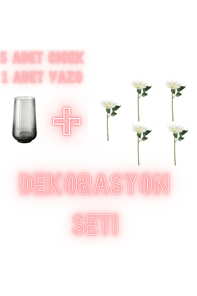 IKEA Dekorasyon Seti GRADVIS vazo, gri, 19 cm + 5 Adet SMYCKA yapay çiçek, be...