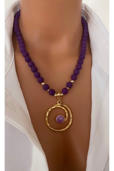 TARZ-I TAKI Natural Stone Purple Lava Stone Special End Gold Plated Women's Necklace in Gift Box