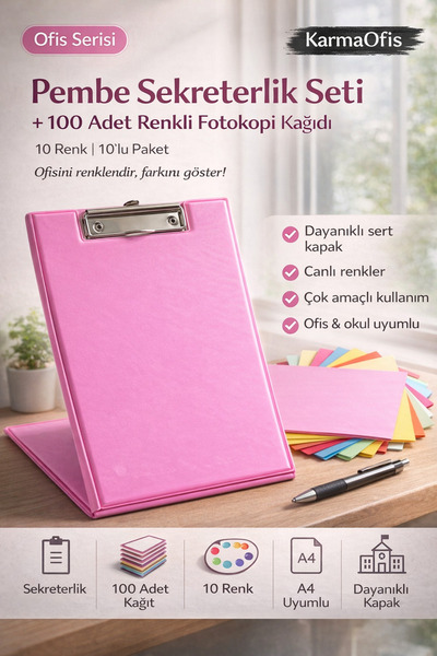 KarmaOfis Pembe Sekreterlik Seti + 100 Adet Renkli A4 Fotokopi Kağıdı | Dayan...
