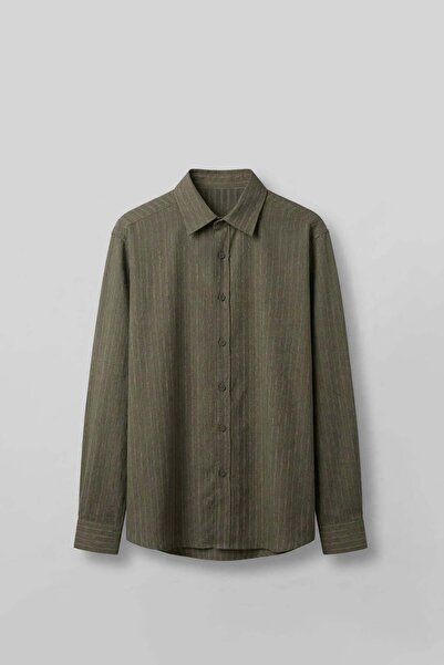 ablukaonline Men's Oversize Striped Linen Blend Shirt Khaki