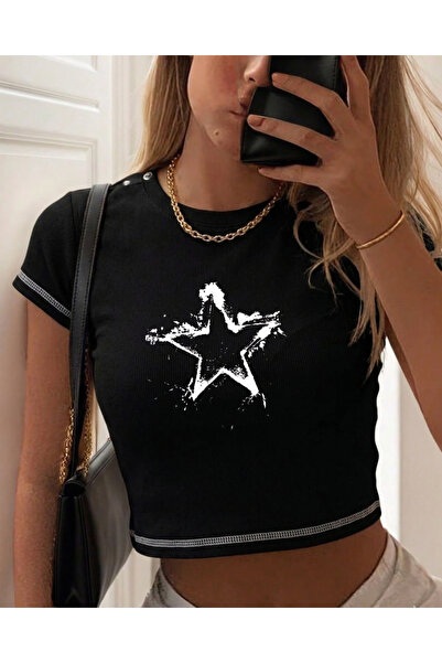 Toum Ρετρό αισθητική με στάμπα και αντεστραμμένη ραφή σε μαύρο χρώμα