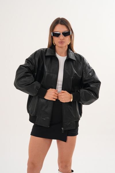 Metins Leather Kadın Hakiki Deri Bomber Mont – Lastik Detaylı, Rahat Kesim Ka...